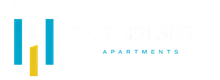 The Heights Apartments logo with modern design featuring stylized 'T' and bold typography.