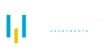 Modern and inviting logo for The Heights Apartments, featuring a stylized 'T' design with bright blue and gold accents.