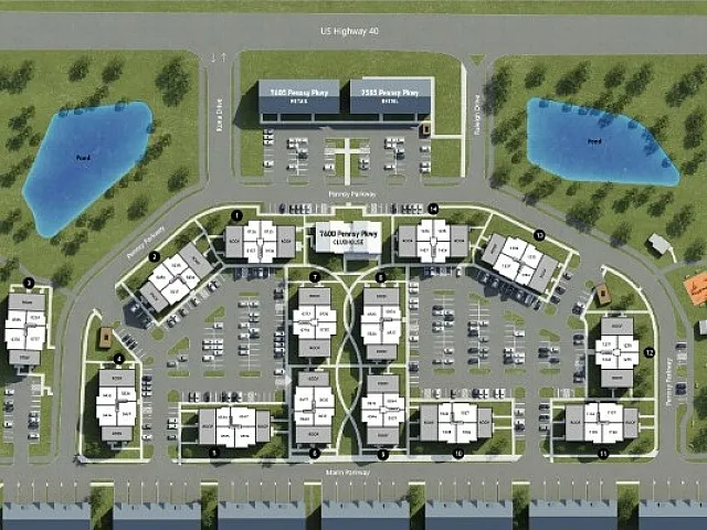Expansive apartment complex layout showcasing multiple units, ample parking, green spaces, and scenic ponds, with convenient highway access.