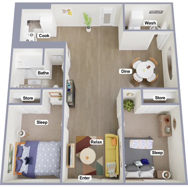Charming 3D floor plan featuring two cozy bedrooms, a modern kitchen, a stylish dining area, and a spacious living room for relaxation. Includes a convenient wash area and ample storage space.