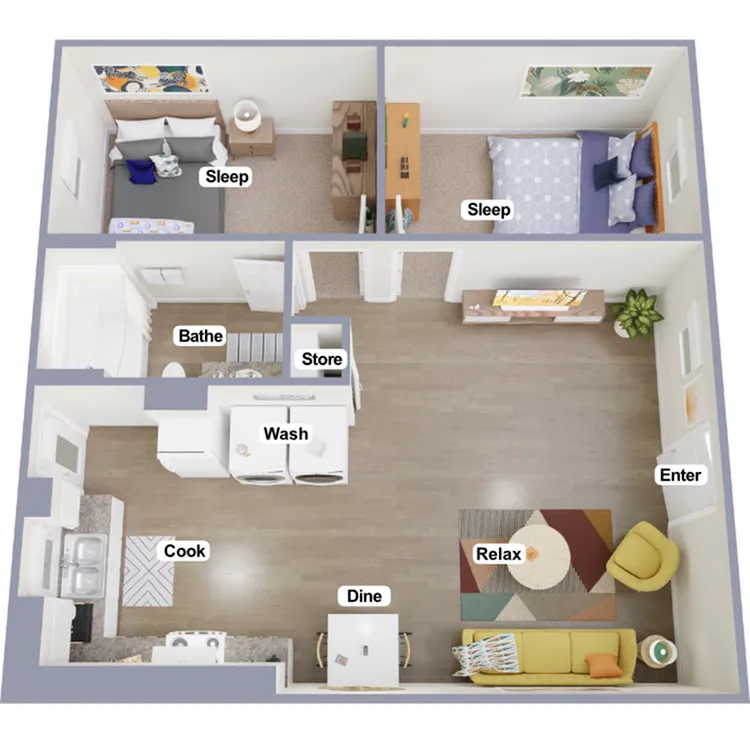 Chic floor plan showcasing 2 bedrooms, a modern kitchen, cozy living area, and convenient laundry space.