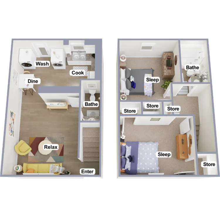 Modern two-story floor plan with inviting living area, compact kitchen, cozy dining space, convenient laundry, two serene bedrooms, two bathrooms, and ample storage options.