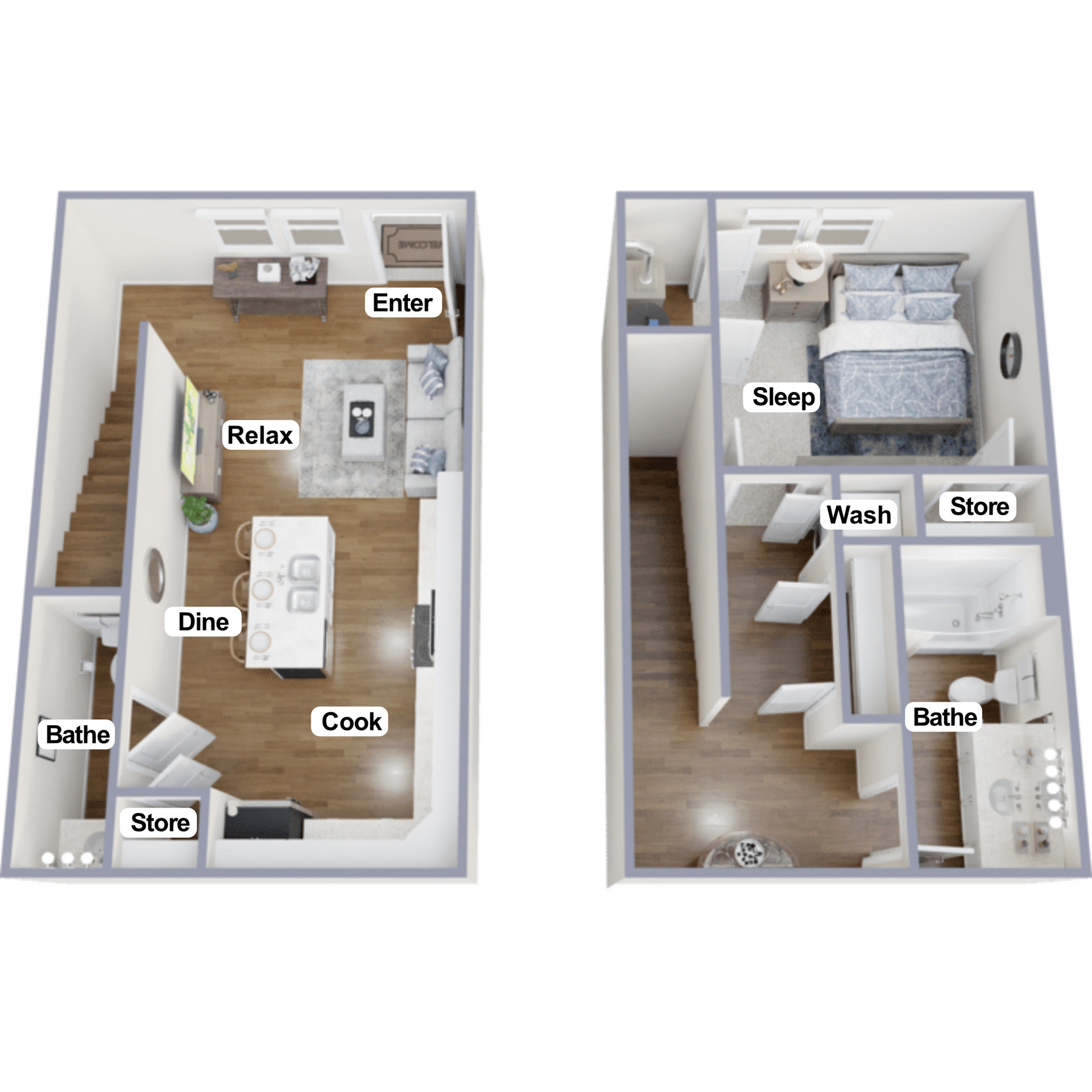 Modern two-level floor plan featuring a spacious open-concept living area downstairs with designated zones for cooking, dining, and relaxing, complemented by a cozy upstairs retreat with a bedroom, bath, and ample storage space.