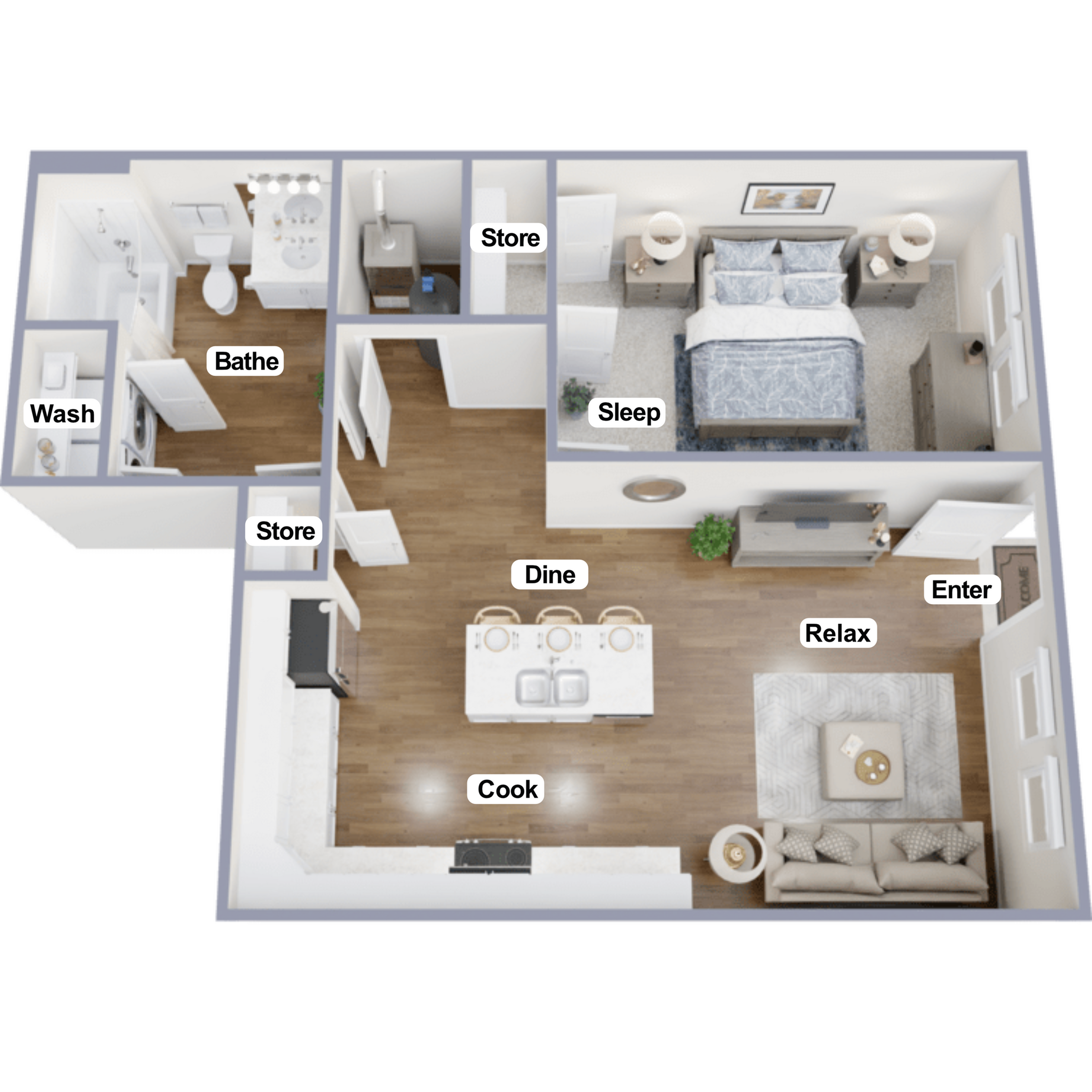 Modern 1-bedroom apartment floor plan with a cozy living room, efficient kitchen and dining area, relaxing bedroom, and convenient bathroom facilities. Includes ample storage and a welcoming entryway.
