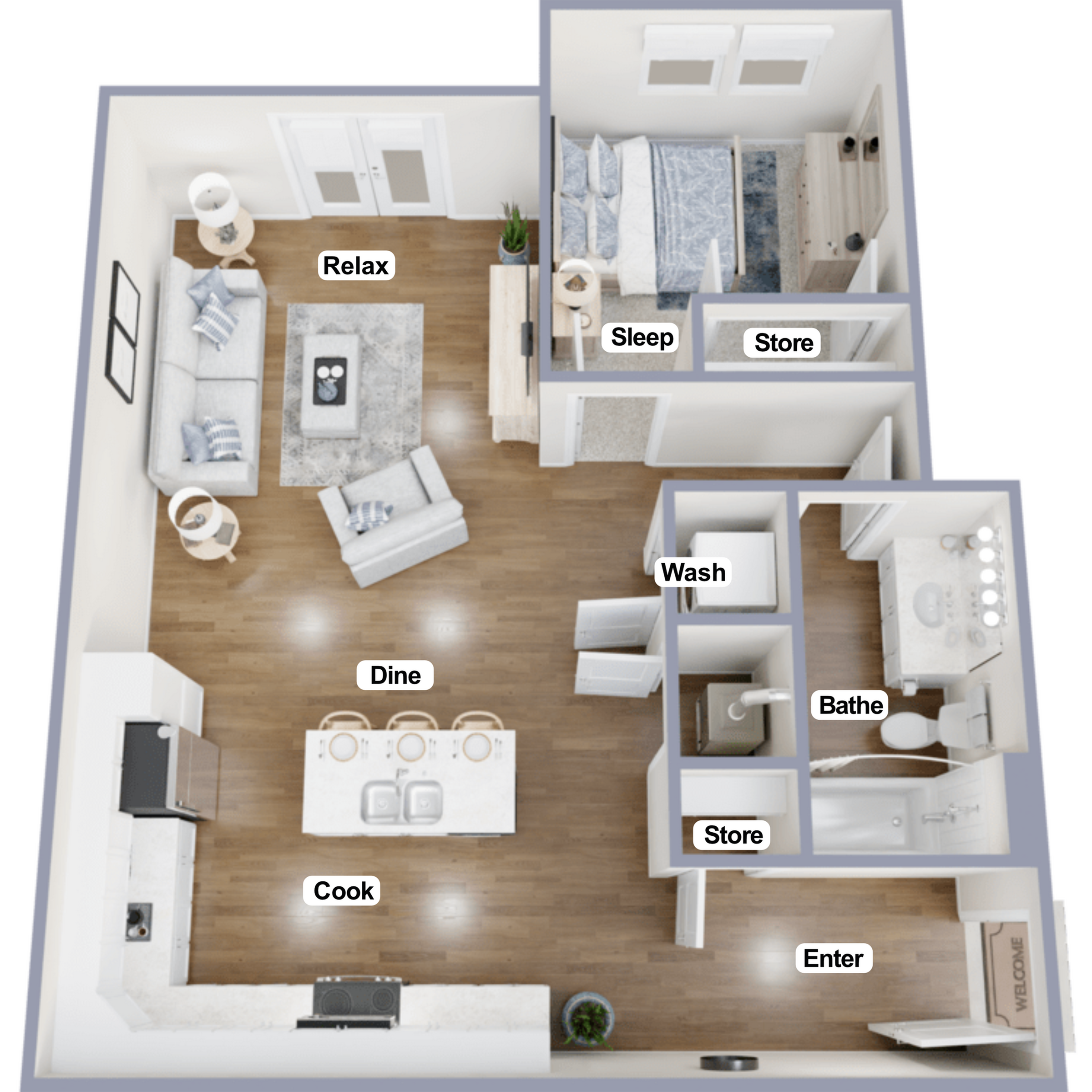 Chic 3D floor plan showcasing a modern one-bedroom apartment with an open living area, dining space, and a functional kitchen. Features a cozy bedroom, stylish bathroom, and ample storage.