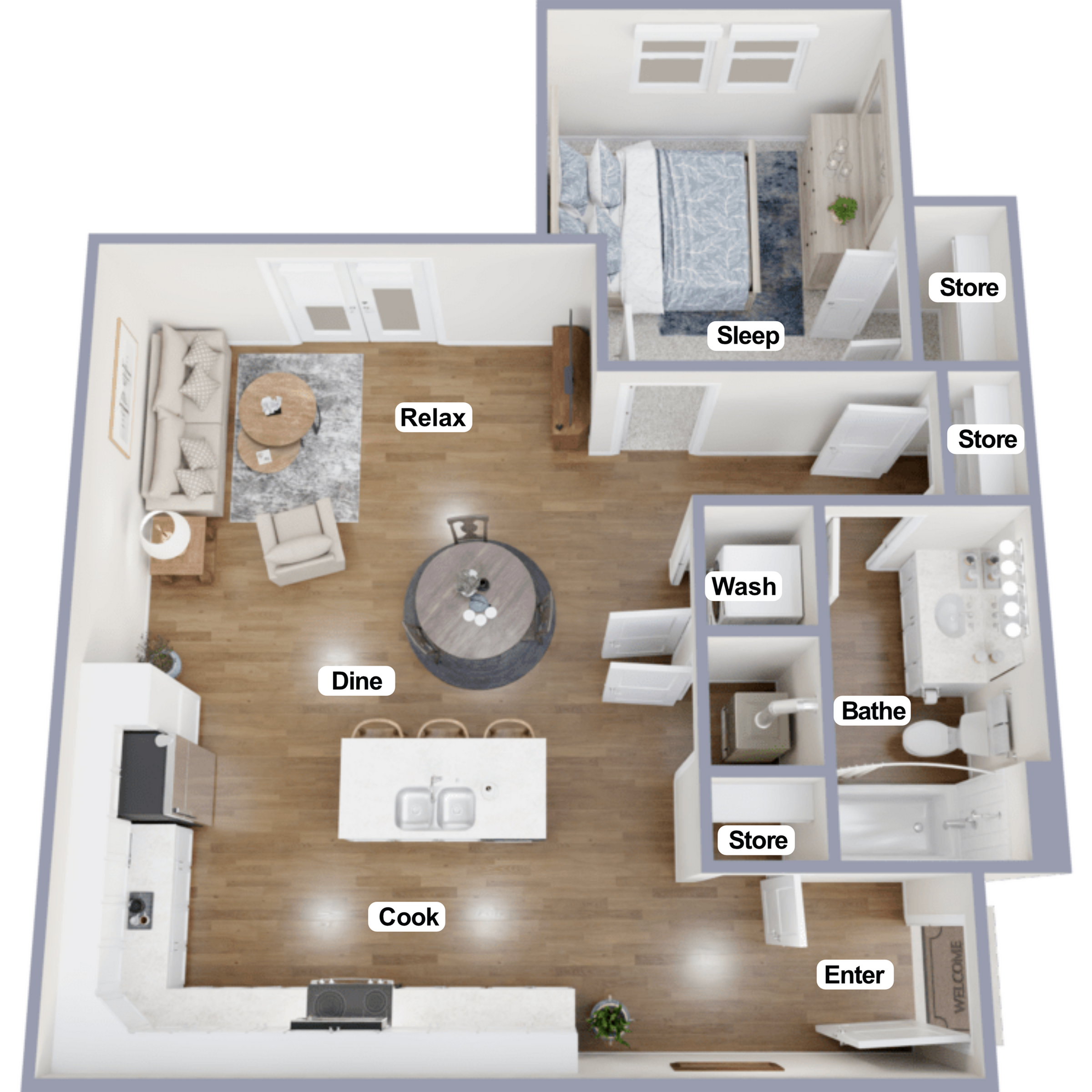Modern open-plan layout featuring one bedroom, a cozy living area, an inviting kitchen, and a well-appointed bathroom.