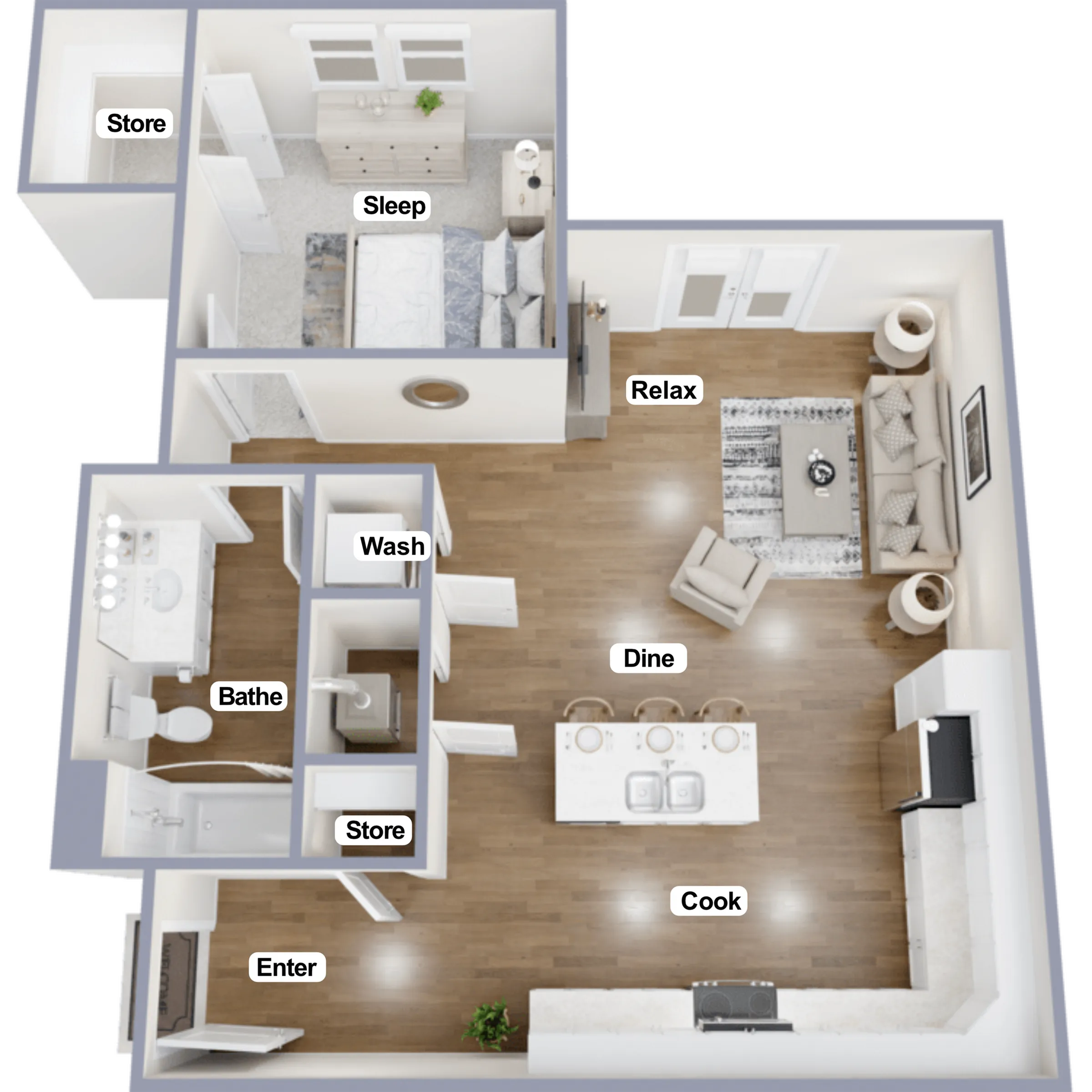 Charming 1-bedroom apartment floor plan featuring a spacious living room, modern kitchen, cozy sleeping area, and luxurious bathroom, perfect for urban living.