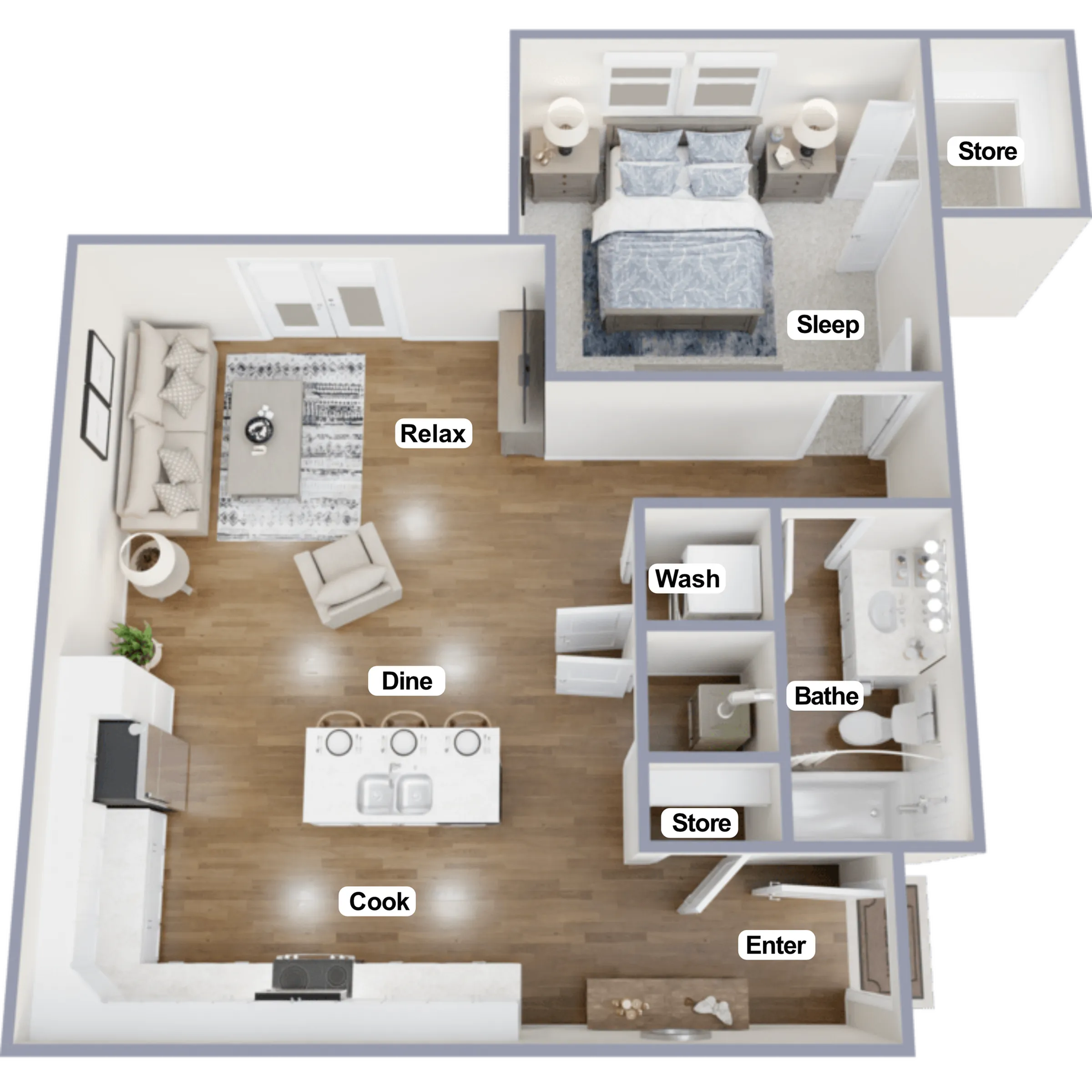 Modern apartment floor plan showcasing a cozy bedroom, open-concept living and dining area, and stylish kitchen. Includes spacious bathroom, convenient storage, and welcoming entryway.