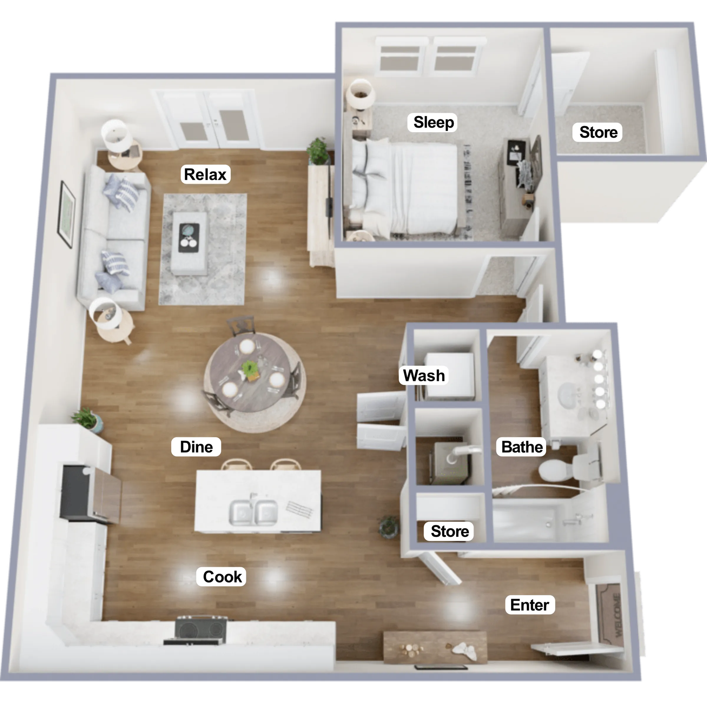 Modern open-concept floor plan featuring a spacious living area, kitchen with dining space, cozy bedroom, and stylish bathroom.