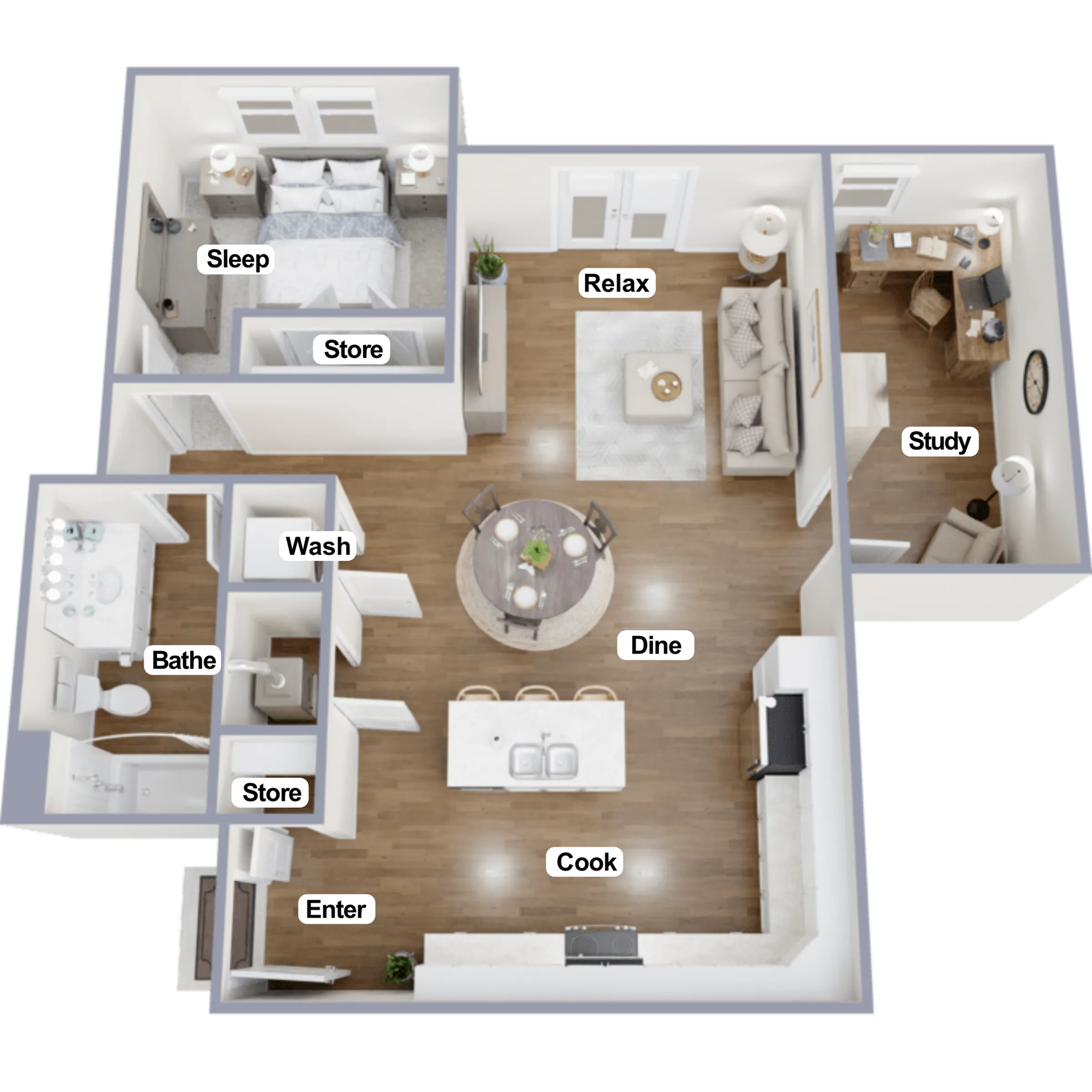 Contemporary 3D floor plan showcasing a cozy one-bedroom apartment with a study, featuring an inviting living area, modern kitchen, and elegant dining space.