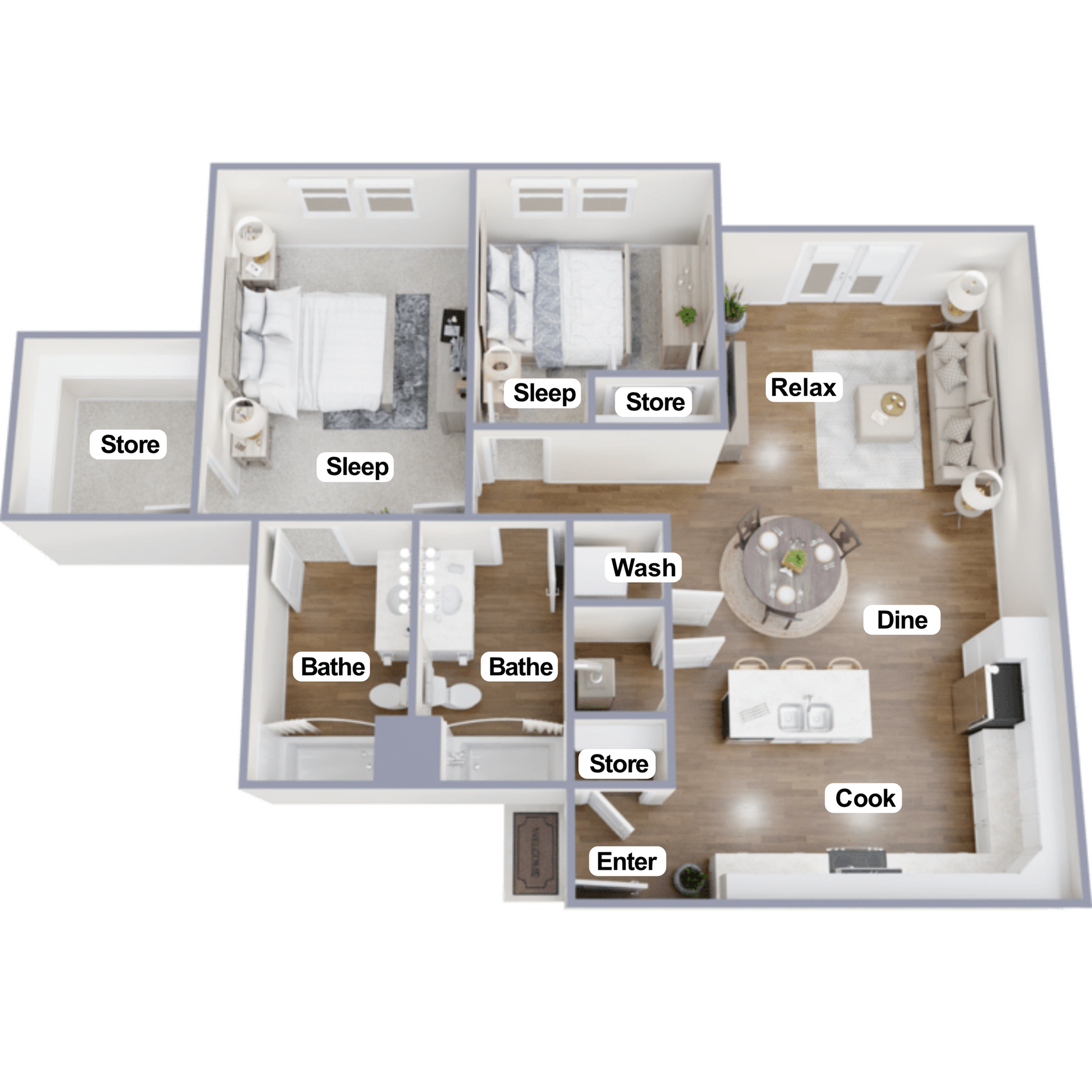 Modern 3D floor plan showcasing 2 spacious bedrooms, a cozy living area, and a sleek kitchen. Features convenient storage spaces and stylish dining area for an elegant lifestyle.