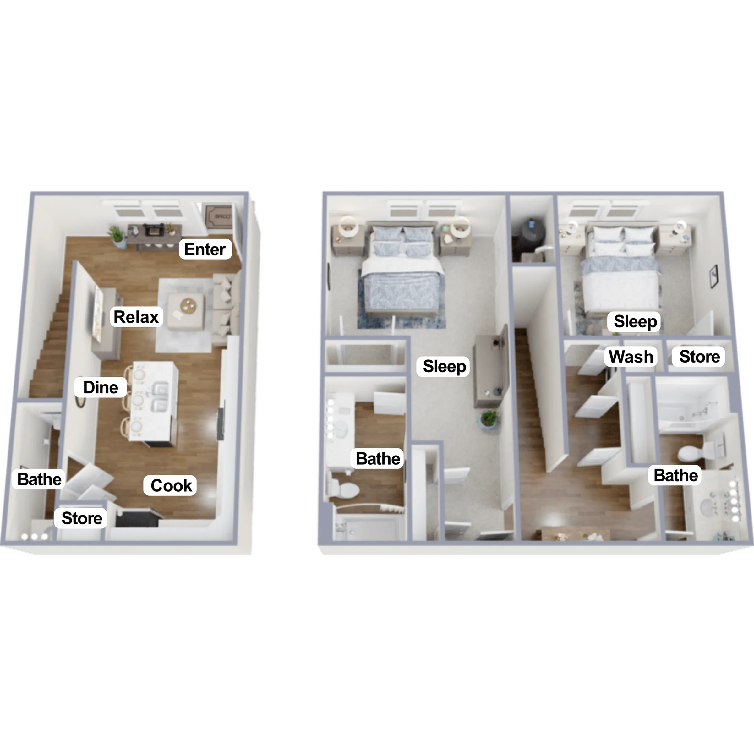 Inviting two-story floor plan showcasing modern living with two spacious bedrooms upstairs, a cozy living area, and functional kitchen downstairs. Ample storage and baths on both levels enhance convenience.