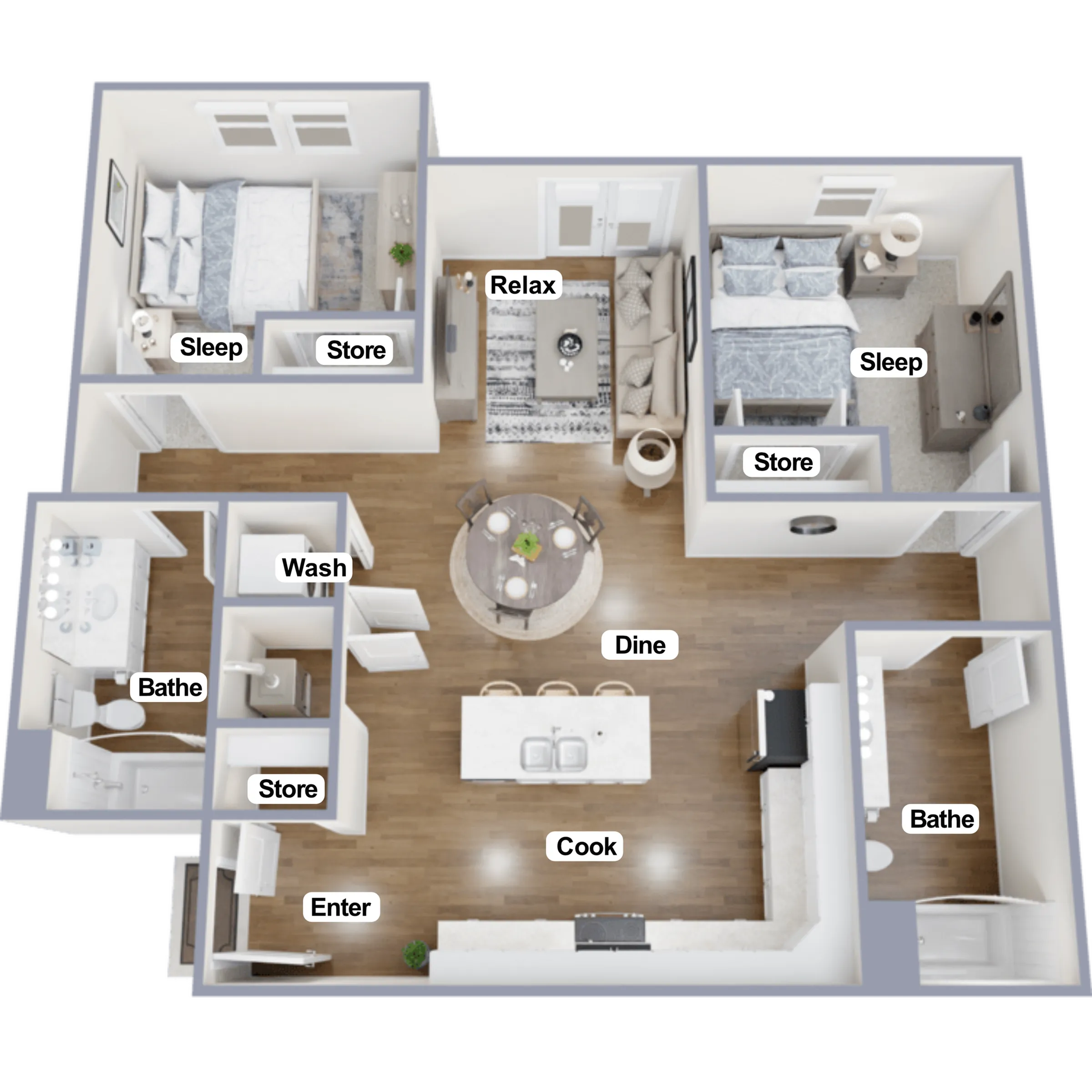 Modern 3D floor plan showcasing two bedrooms, a cozy living area, and open kitchen with dining space. Features two bathrooms, convenient storage, and a welcoming entrance.