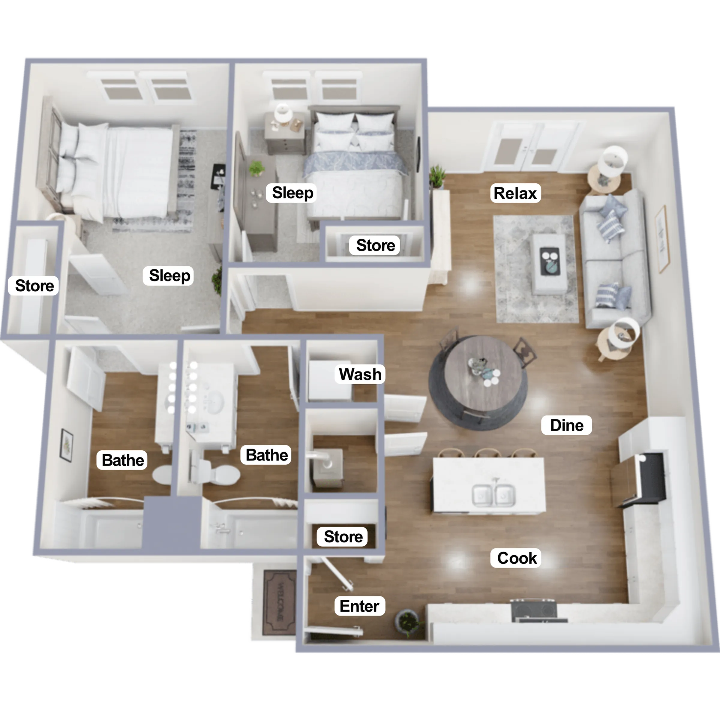 Inviting 2D floor plan featuring 2 cozy bedrooms, stylish open-concept kitchen and dining area, relaxing living room, and convenient bathrooms, ideal for modern living.