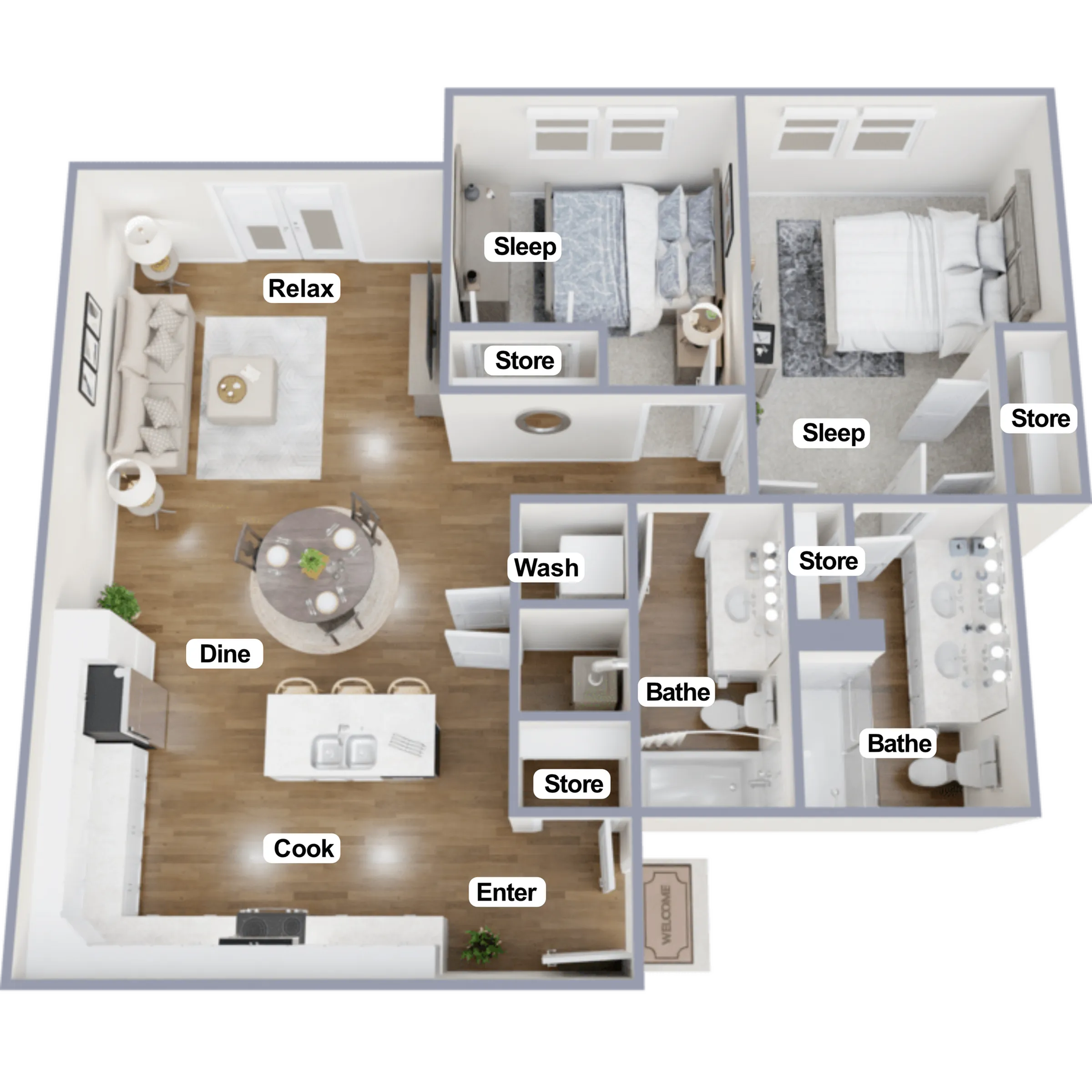 Chic floor plan showcasing 2 spacious bedrooms, modern kitchen, and cozy living area, perfect for stylish living.