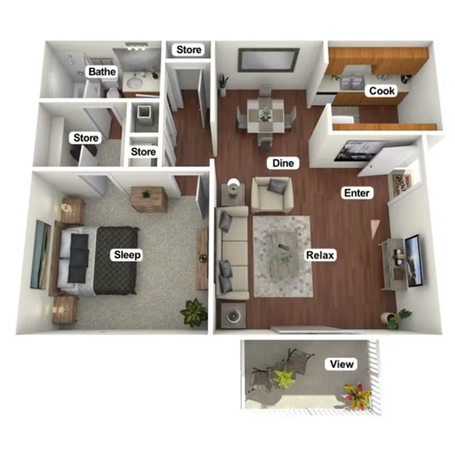 Contemporary apartment floor plan showcasing a cozy bedroom, stylish bathroom, modern kitchen, spacious living and dining areas, ample storage, and a charming balcony.