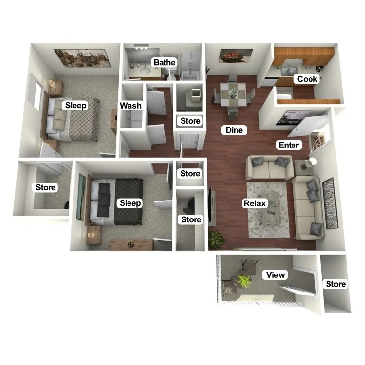 Inviting 3D floor plan showcasing 2 cozy bedrooms, a sleek kitchen, stylish dining area, and a relaxing living room. Features multiple storage spaces and a charming balcony view.