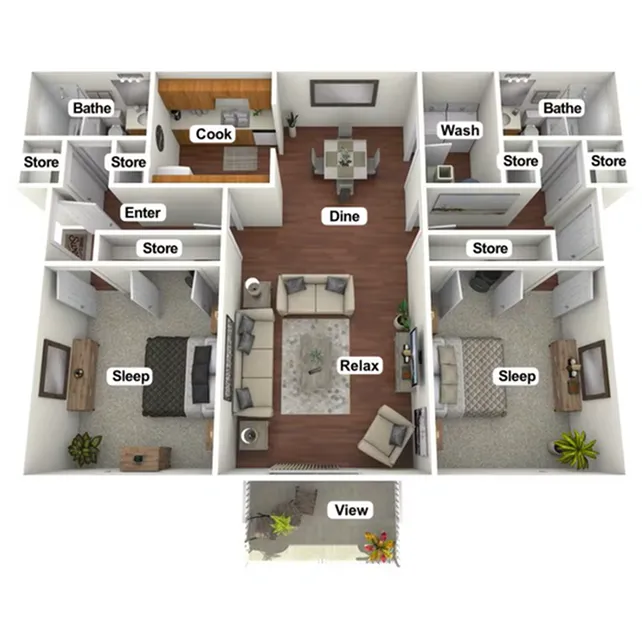 Modern 3D floor plan showcasing two spacious bedrooms, cozy living area for relaxation, efficient kitchen for culinary adventures, inviting dining space, and stylish outdoor view. Thoughtfully designed with ample storage and dual bathrooms.
