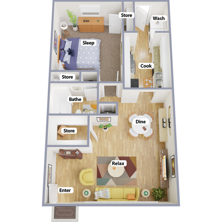 Inviting 3D floor plan featuring a cozy bedroom, modern kitchen, stylish living area, and multiple storage spaces.