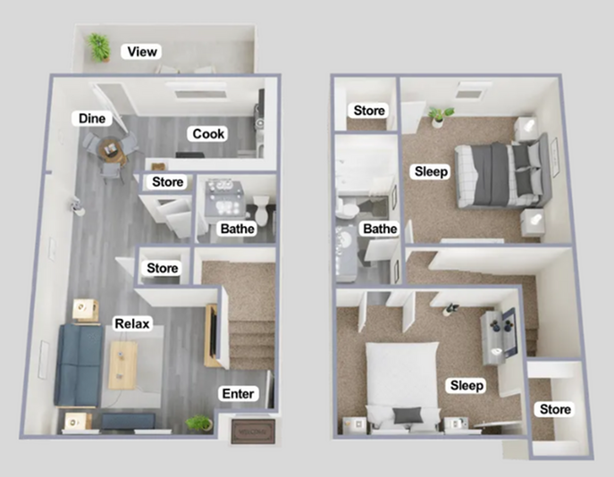 Modern 3D floor plan illustrating a two-level apartment with two bedrooms, an open living and dining area, stylish kitchen, and multiple storage spaces.