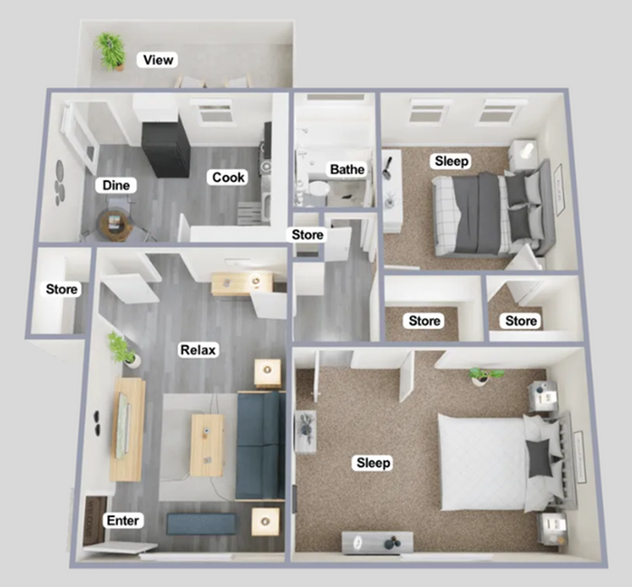 Modern 2D floor plan with 2 bedrooms, cozy living room, stylish kitchen, balcony with view, and multiple storage areas.