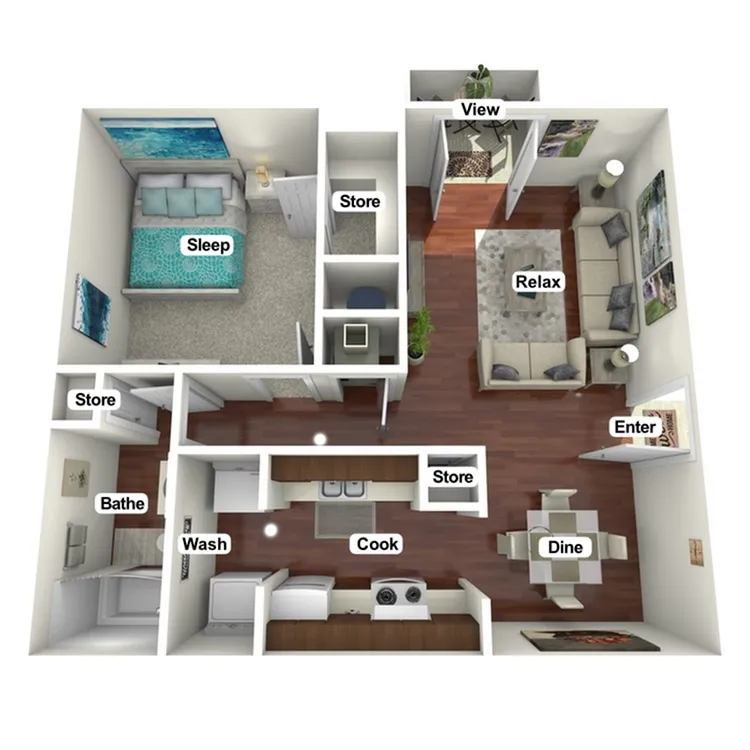 Modern 3D floor plan featuring a spacious bedroom, stylish living area, and a well-equipped kitchen with dining space, perfect for relaxation and comfort.