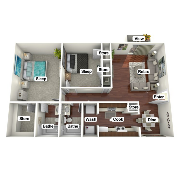 Elegant floor plan showcasing 2 bedrooms, modern kitchen, cozy living area, dual bathrooms, and ample storage. Includes entry view and dining space.