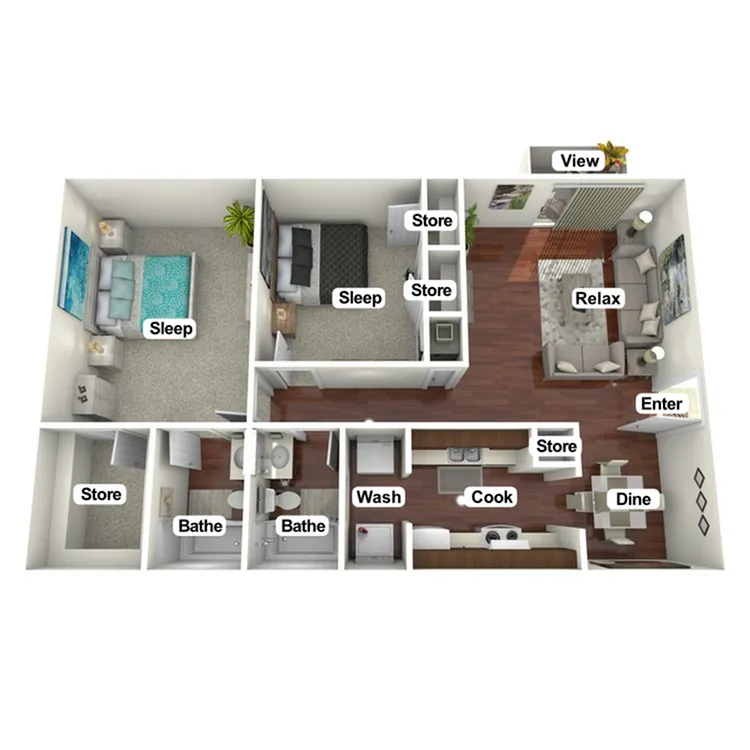 Charming 3D floor plan featuring two cozy bedrooms, modern kitchen, inviting living area, and two stylish bathrooms.