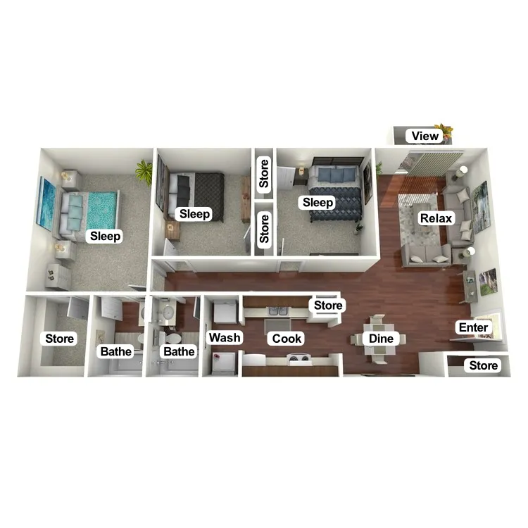 Inviting 3D floor plan featuring three cozy bedrooms, two elegant bathrooms, and a modern open kitchen with dining area. Enjoy spacious living with a relaxing lounge and convenient storage options, all designed in a sleek layout.