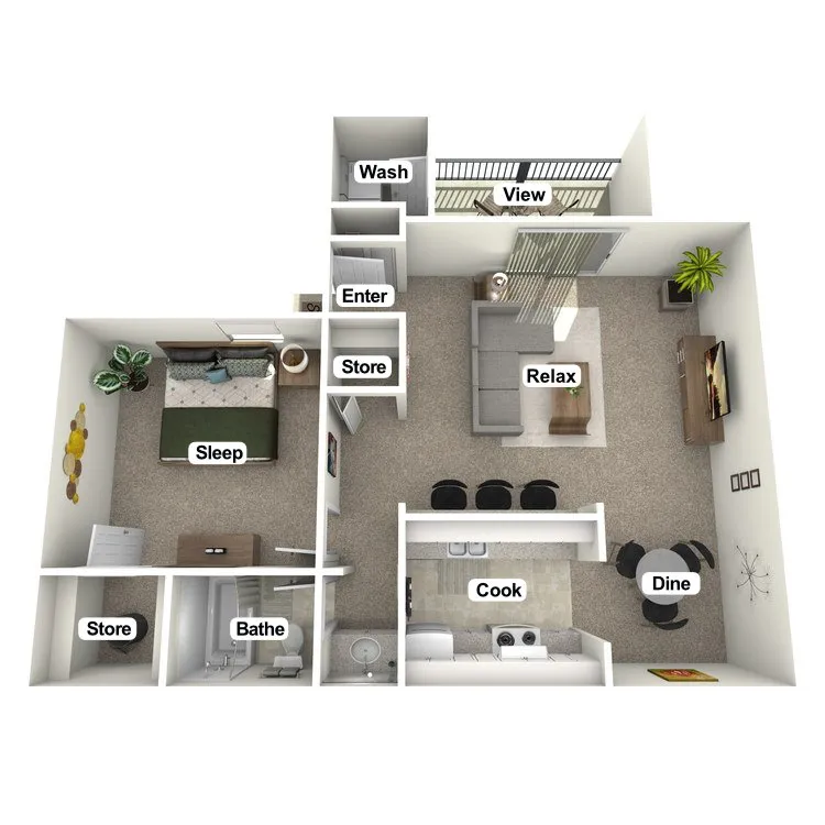 Charming apartment floor plan featuring one bedroom, a cozy living area with balcony access, a modern kitchen with dining space, and stylish storage solutions.