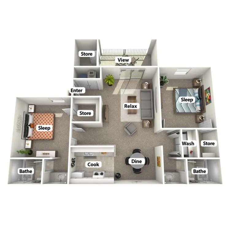 Modern 3D floor plan showcasing two bedrooms, open living area, and private balcony with storage options, emphasizing comfortable living and elegant design.
