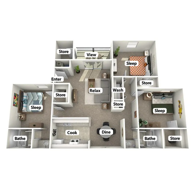 Inviting 3D floor plan with 3 spacious bedrooms, elegant living area, and a modern kitchen. Includes balcony with a view, dining area, and ample storage space.