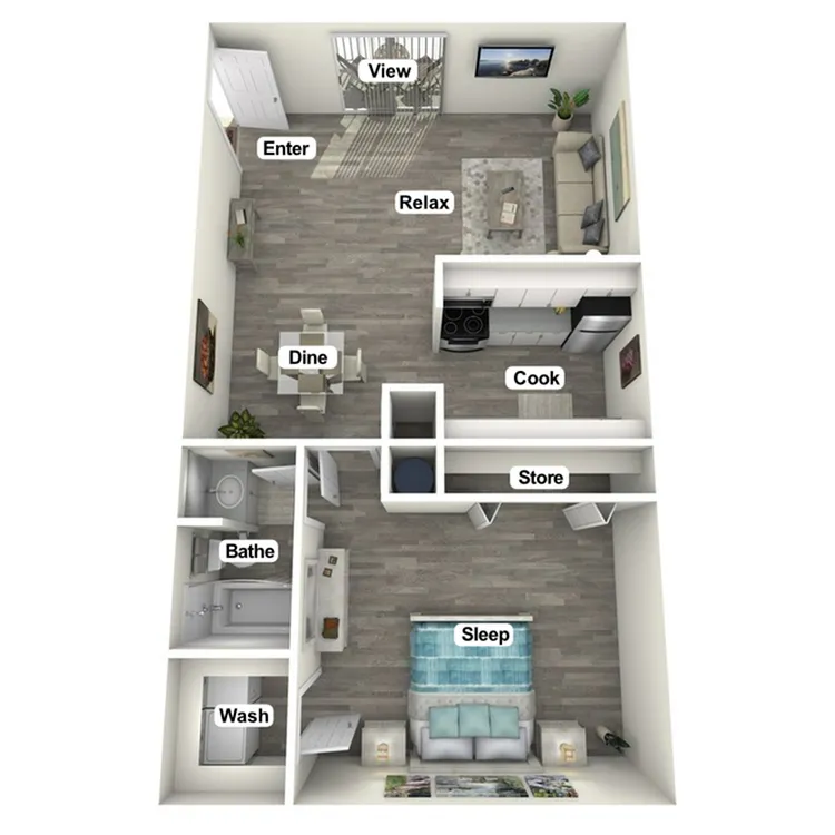 Stylish 3D floor plan showcasing a modern one-bedroom apartment with an open-concept living area, sleek kitchen, and cozy dining space. Features include a separate wash and bathe area, ample storage, and a relaxing view from the living room.