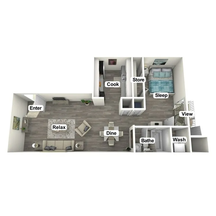 Modern 3D apartment floor plan with inviting living area, cozy bedroom, sleek kitchen, and elegant bathroom. Includes designated spaces for dining and relaxation with a scenic view.