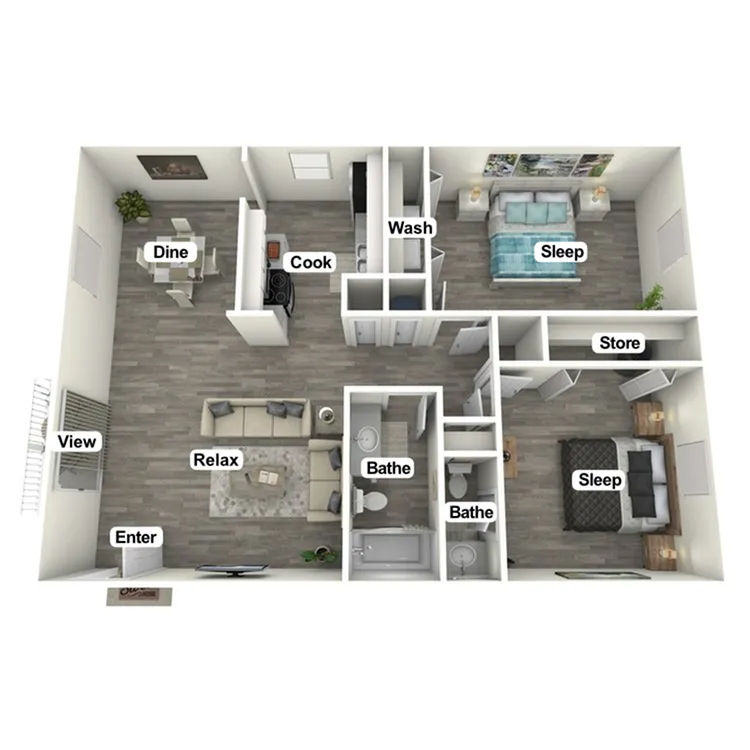 Modern 3D floor plan showcasing two spacious bedrooms, a sleek kitchen, dining area, and cozy living room. Includes two bathrooms and additional storage space, offering a perfect blend of comfort and functionality.