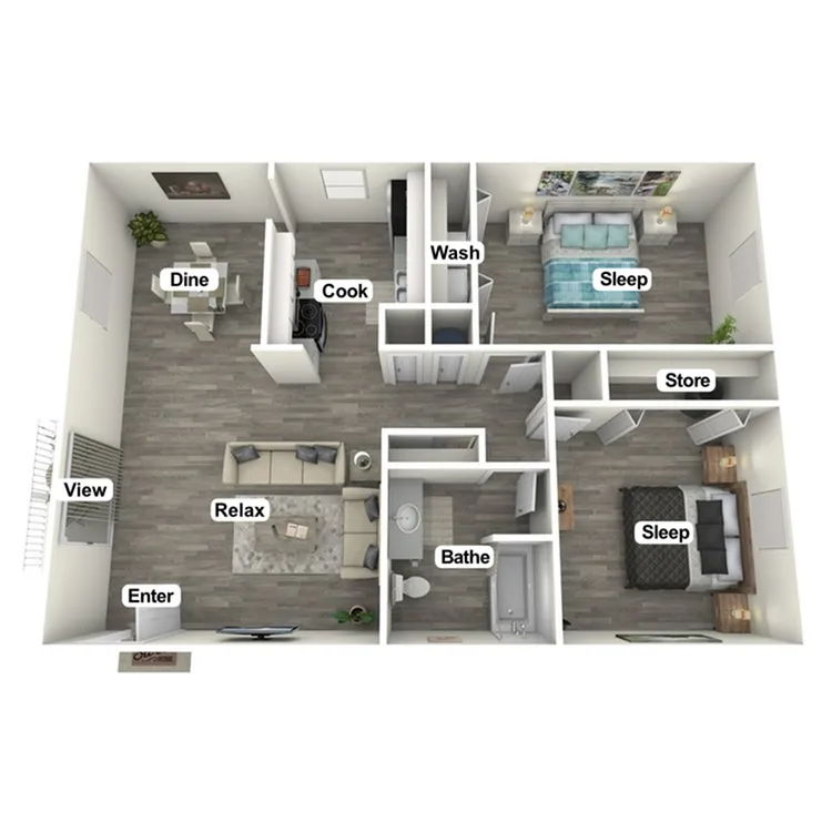 Modern 3D floor plan showcasing 2 spacious bedrooms, elegant open-concept living and dining area, sleek kitchen, and comfortable bathroom layout.