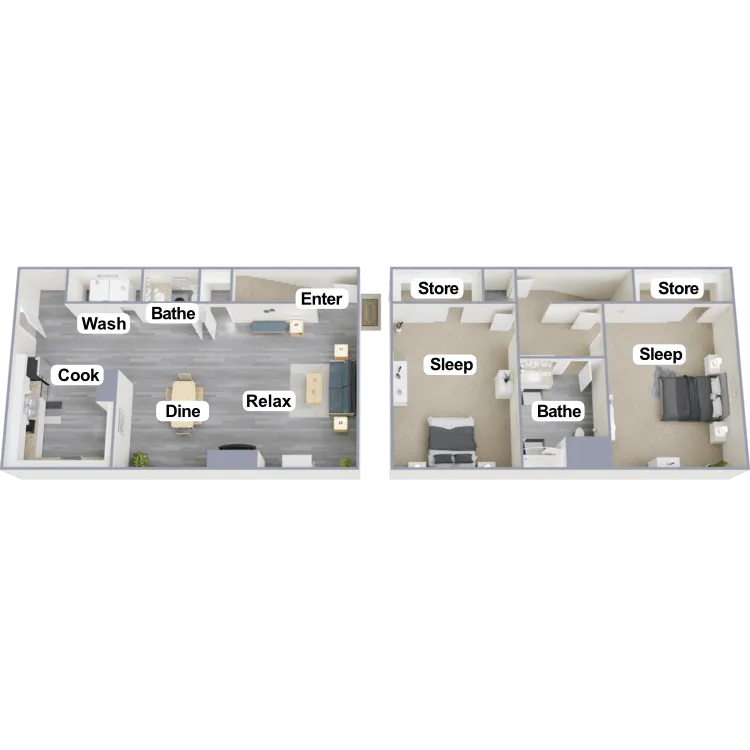 Modern 2D floor plan showcasing a spacious 2-bedroom apartment with an open-floor living, dining, and kitchen area, featuring two bathrooms, dedicated storage spaces, and cozy sleeping quarters.