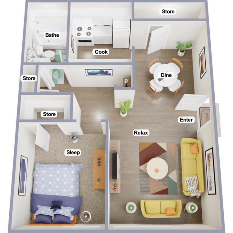 Charming apartment floor plan showcasing a cozy bedroom, functional kitchen, stylish living and dining areas, modern bathroom, and ample storage.