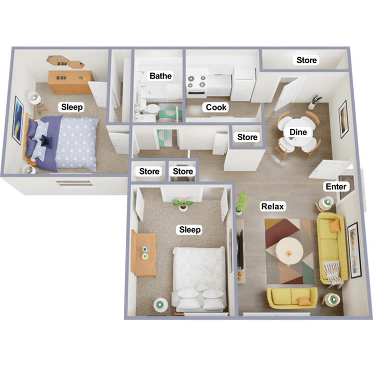 Inviting 2D floor plan featuring two cozy bedrooms, bright living area, functional kitchen, and dining space, ideal for urban living.