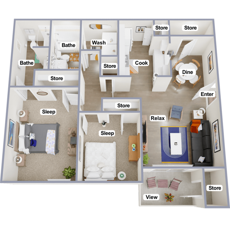 Charming 2-bedroom apartment floor plan with separate living and dining areas, two bathrooms, and multiple storage options. Includes a cozy balcony for outdoor relaxation.