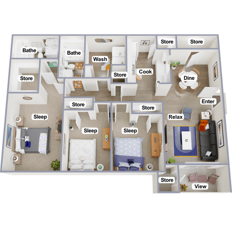 Bright and spacious 3-bedroom apartment floor plan featuring dual bathrooms, a modern kitchen, and a cozy living area. Includes ample storage and a scenic balcony view.