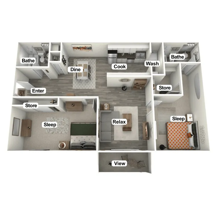 Modern 3D floor plan with two bedrooms, spacious living area, and a contemporary kitchen. Includes two bathrooms, ample storage space, and a scenic view balcony.
