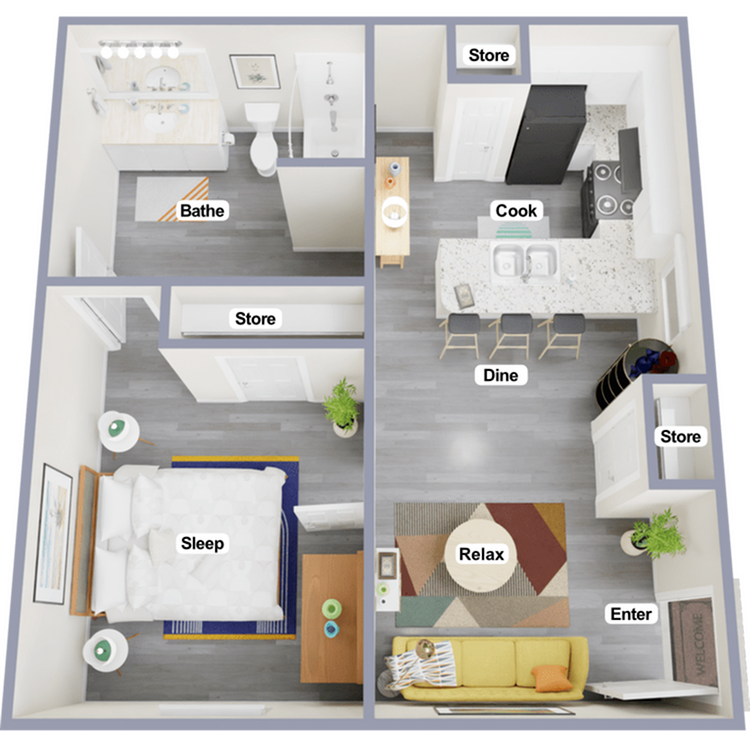 Modern 1-bedroom floor plan featuring a cozy living room, sleek kitchen with breakfast bar, elegant bathroom, and ample storage space.