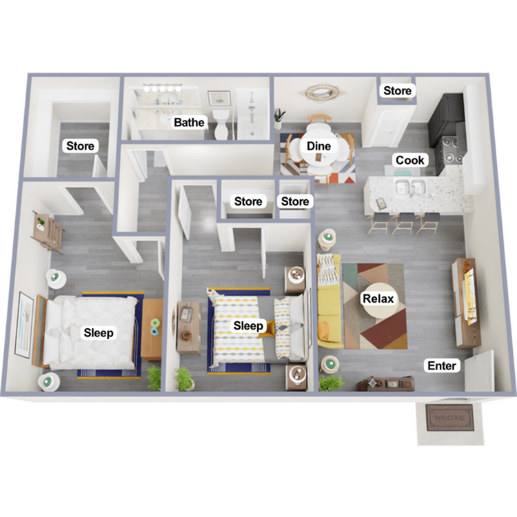Charming 2D apartment floor plan featuring 2 cozy bedrooms, modern kitchen with bar seating, spacious living area, and convenient storage options.
