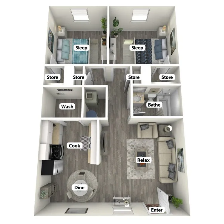 Modern 3D floor plan featuring 2 bedrooms, stylish open-concept living and dining area, sleek kitchen, and ample storage spaces.