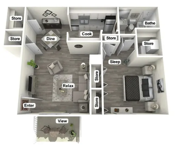 Charming 3D floor plan with a cozy bedroom, modern kitchen, spacious living area, and balcony with scenic view, ideal for comfort and relaxation.
