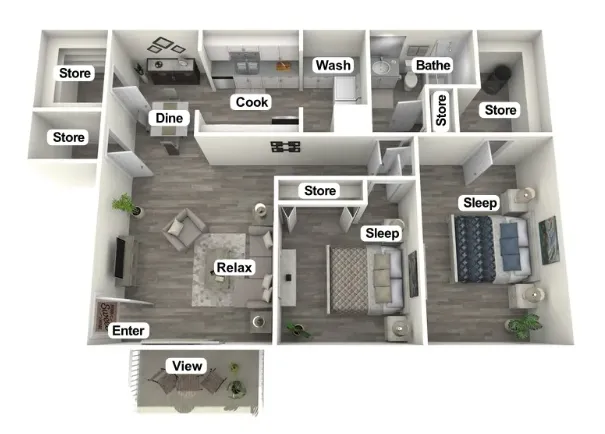 Modern 3D floor plan showcasing two bedrooms, open living area, dining space, sleek kitchen, and an inviting balcony view.