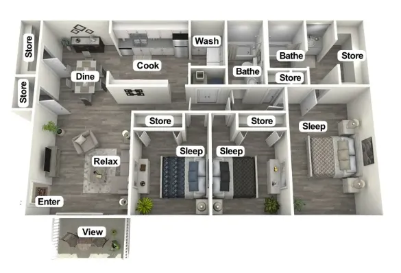 Spacious 3-bedroom apartment floor plan showcasing an open-concept living and dining area, modern kitchen, two bathrooms, multiple storage spaces, and a cozy balcony with a view.