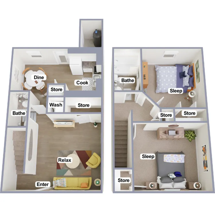 Charming two-level floor plan featuring 2 cozy bedrooms, a modern kitchen, and open dining area, complemented by spacious living room for relaxation.