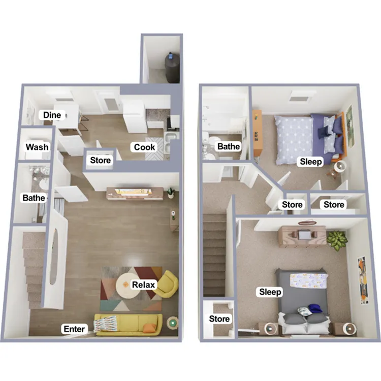 Charming 2-story floor plan with open living area, modern kitchen, 2 bathrooms, 2 cozy bedrooms, and ample storage space.